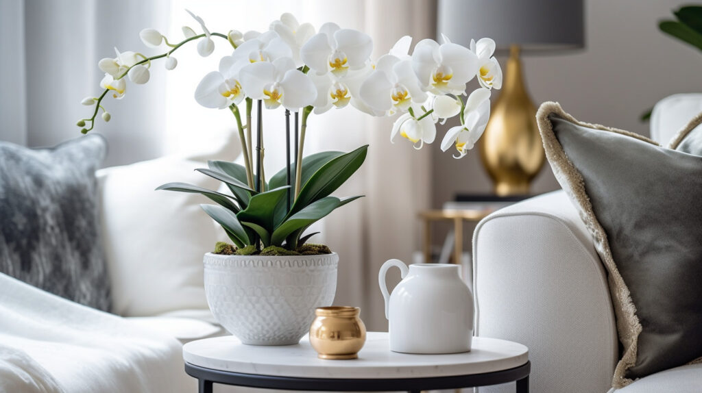 Phòng khách với hoa tươi hoặc cây trong chậu trên một bàn cạnh sofa thanh lịch
