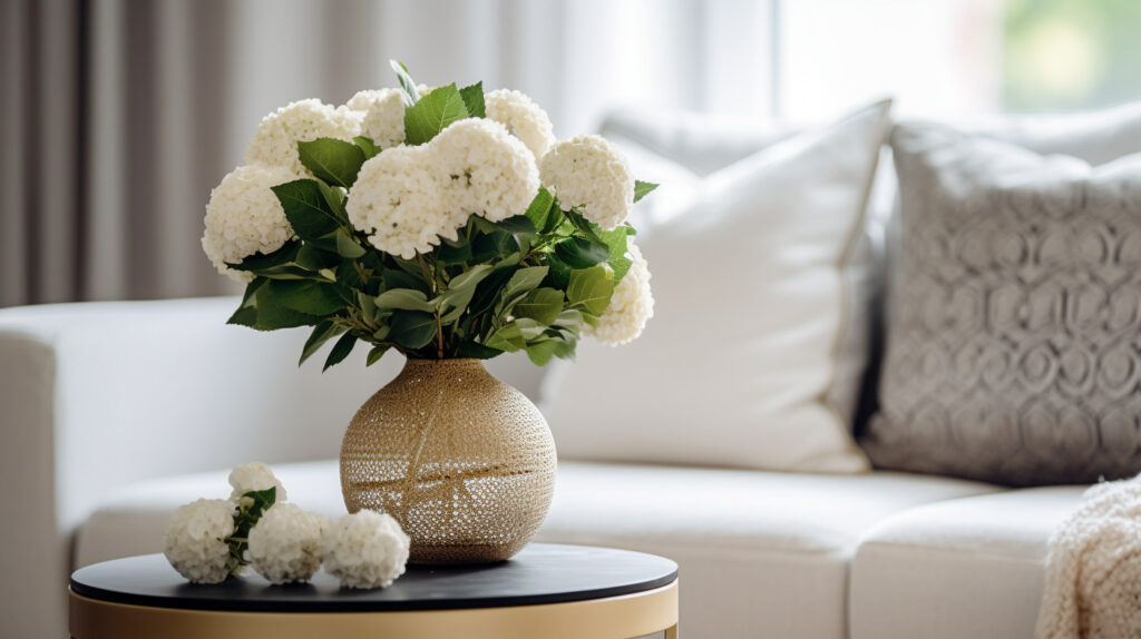 Living room scene with fresh flowers or a houseplant on an elegant end table 