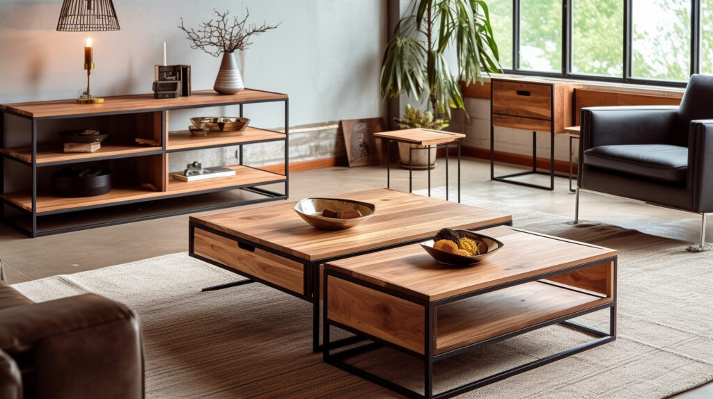 Các bàn phòng khách được làm từ một loạt chất liệu, bao gồm gỗ, kim loại và kính, thể hiện tác động của việc lựa chọn chất liệu