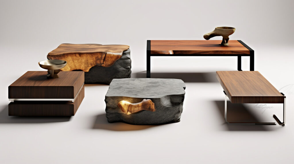 Living room tables made from a variety of materials, including wood, metal, and glass, showcasing the impact of material choice