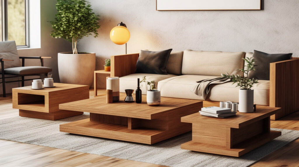 Các loại bàn phòng khách có kích thước khác nhau được trưng bày trong các thiết lập phù hợp, nhấn mạnh tầm quan trọng của việc chọn kích thước phù hợp