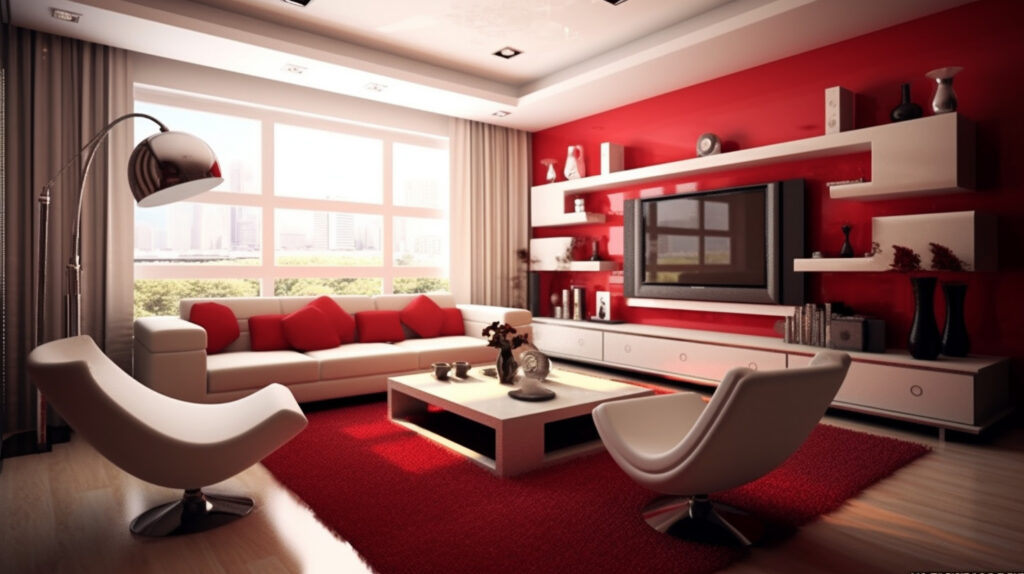 Phòng khách tinh tế kết hợp các yếu tố thiết kế màu đỏ