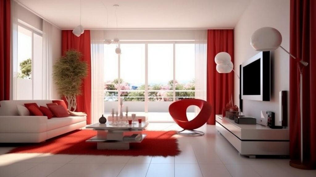 Phòng khách tinh tế kết hợp các yếu tố thiết kế màu đỏ