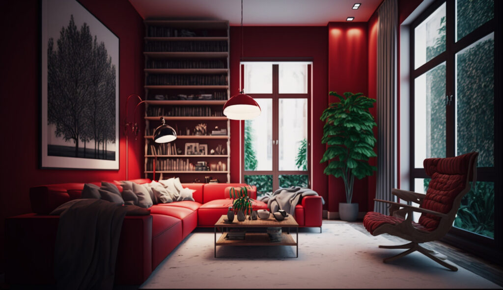Salotto in cui l'illuminazione viene utilizzata per evidenziare un divano rosso