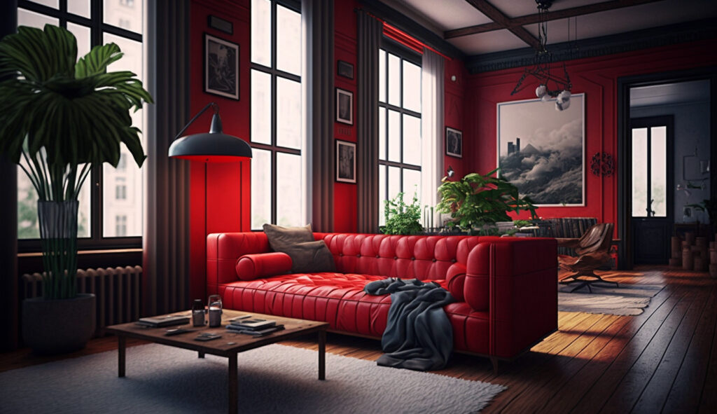 Salotto in cui l'illuminazione viene utilizzata per evidenziare un divano rosso