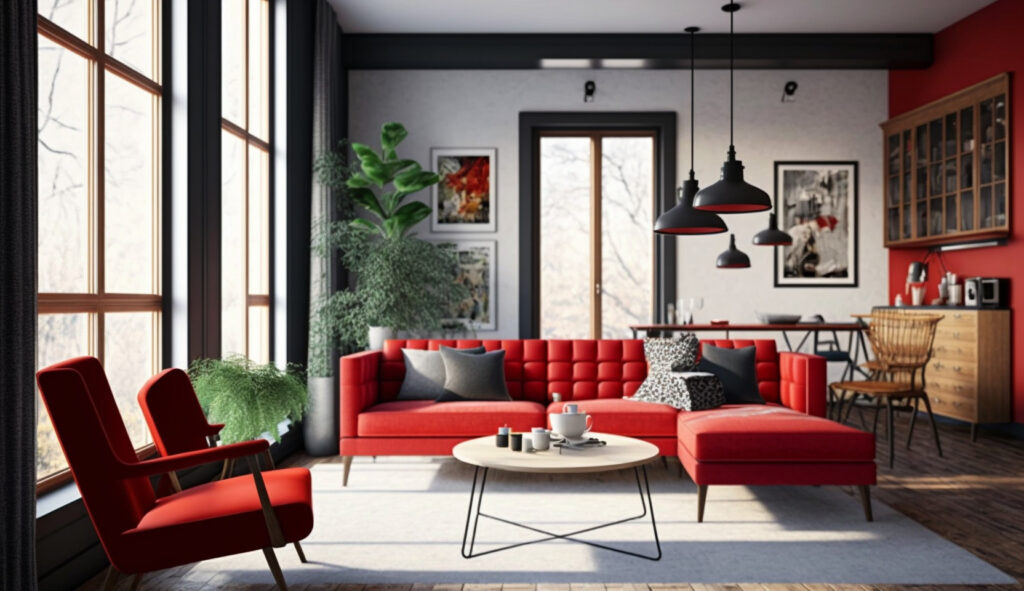 Salotto in cui altri pezzi di arredamento sono incorporati in modo armonioso con un divano rosso