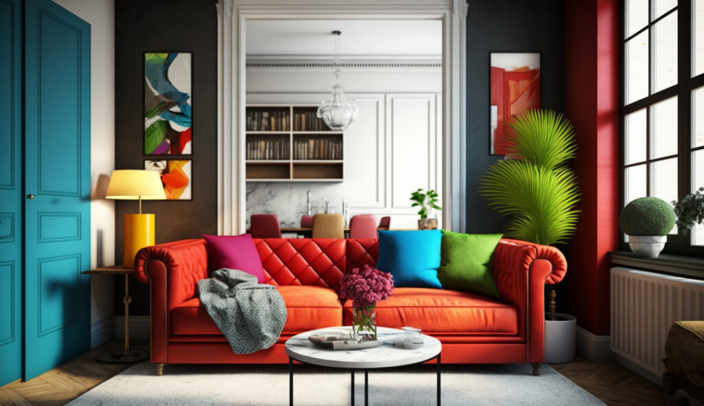 Living room with a red couch and complementary accent colors 