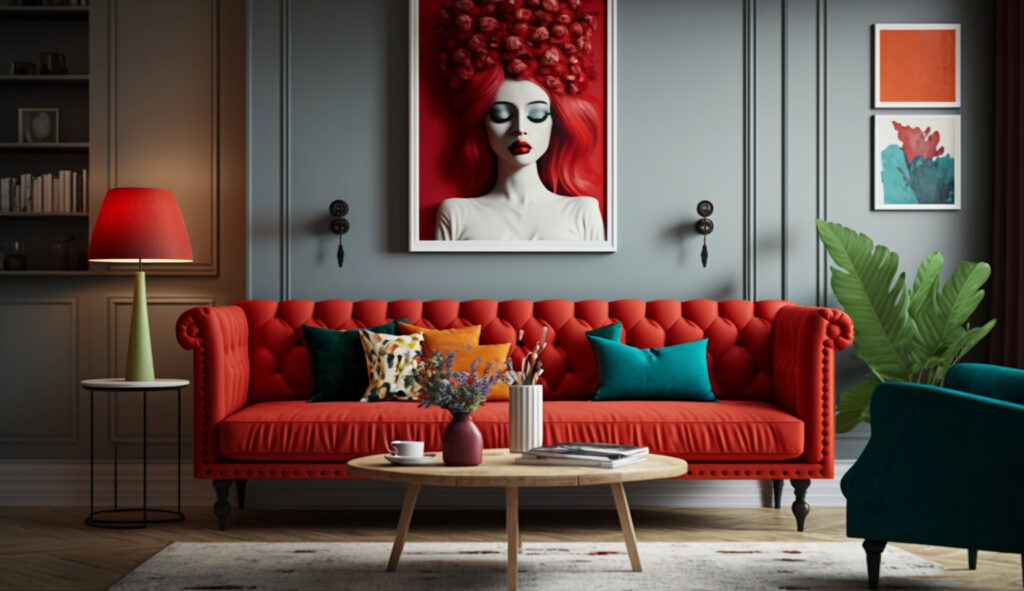 Living room with a red couch and complementary accent colors 