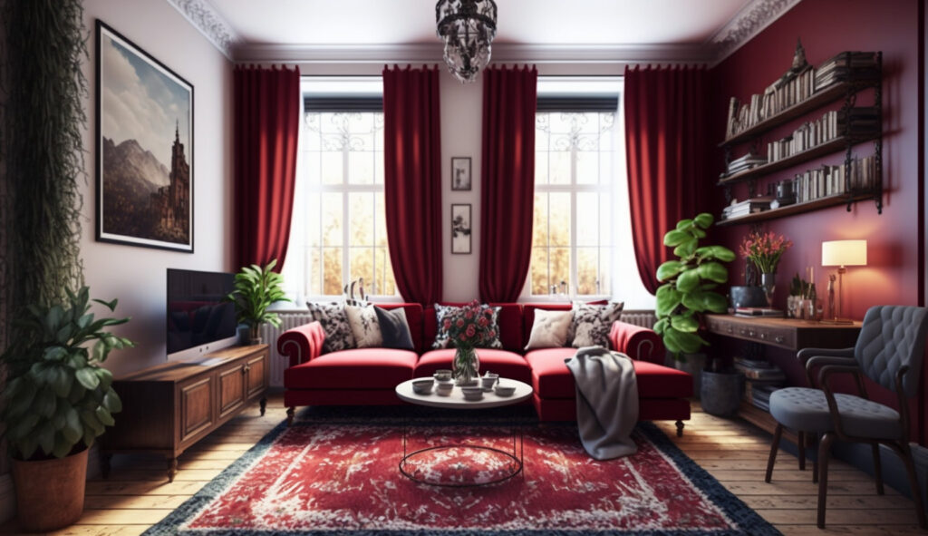 Living room with a red couch complemented by matching rugs and curtains 