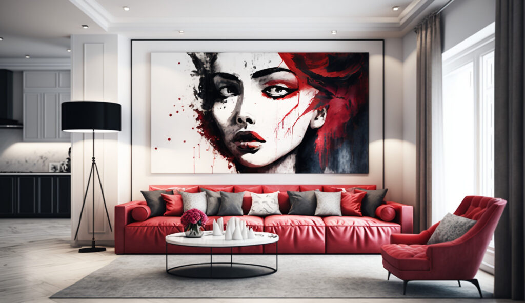 Living room with a red couch complemented by wall art and decor 