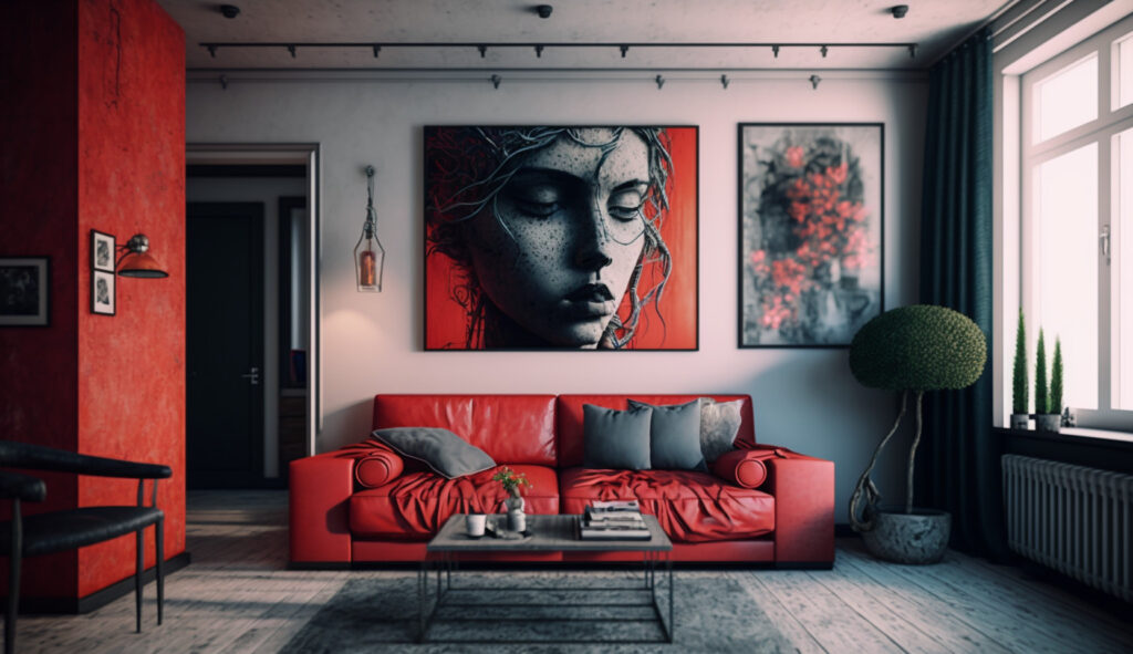 Salotto con un divano rosso completato da arte murale e decorazioni