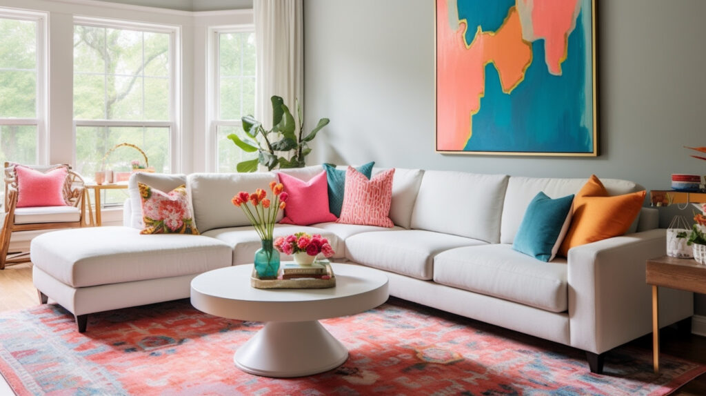 Living room with a white couch and bold colored accents 