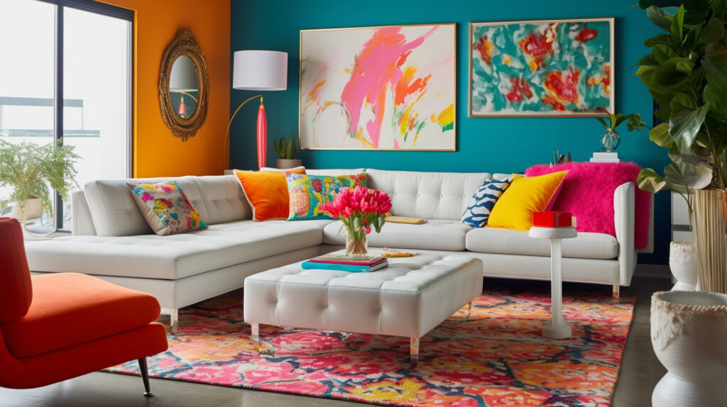 Living room with a white couch and bold colored accents 