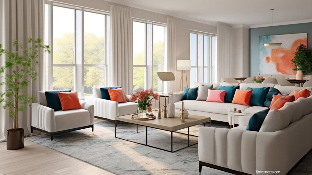 Living room with a white couch and colorful accent chairs 