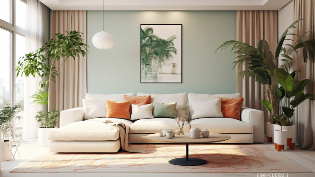 Living room with a white couch complemented by a soft color palette 