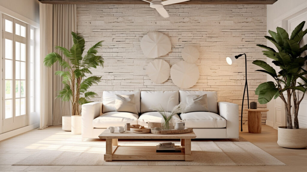 Living room with a white couch complemented by a soft color palette 