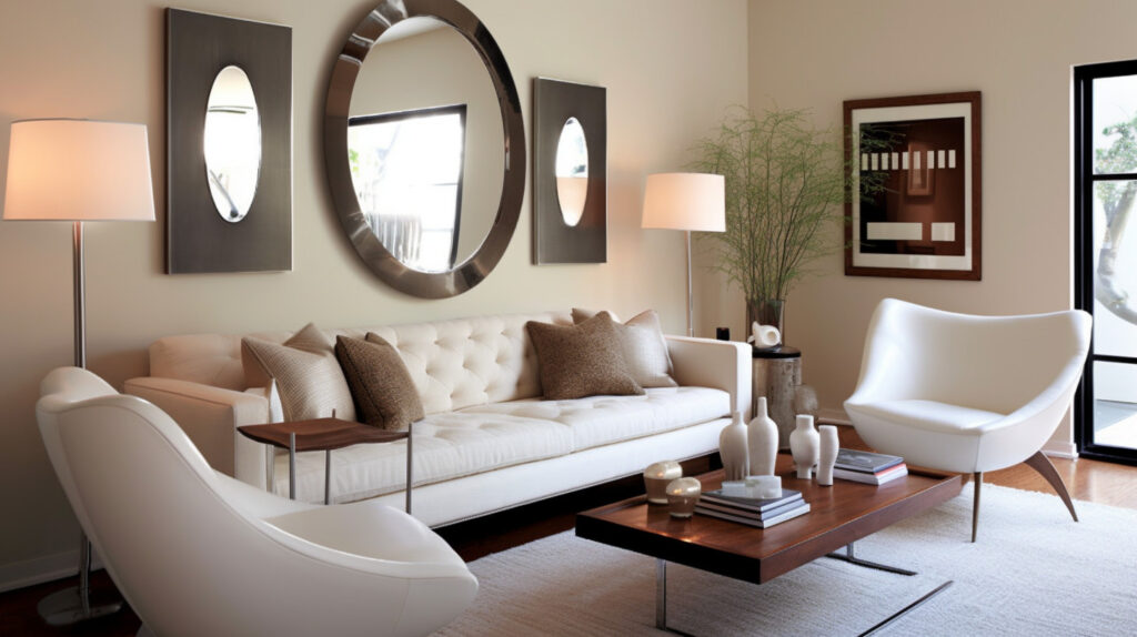 Living room with a white couch complemented by artwork and mirrors 