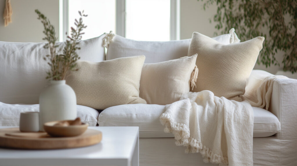 Salotto con un divano bianco stratificato con coperte e cuscini testurizzati per un'atmosfera estiva 