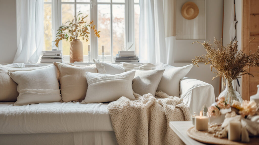 Salotto con un divano bianco stratificato con coperte e cuscini testurizzati per un'atmosfera estiva 