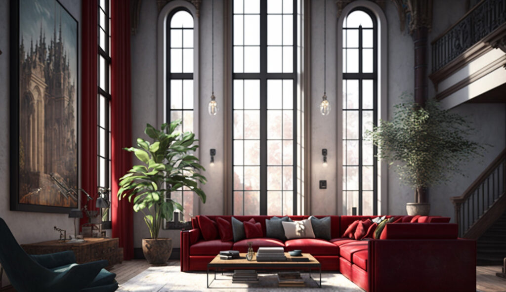 Living room with high ceilings and a red couch adding a dramatic touch 