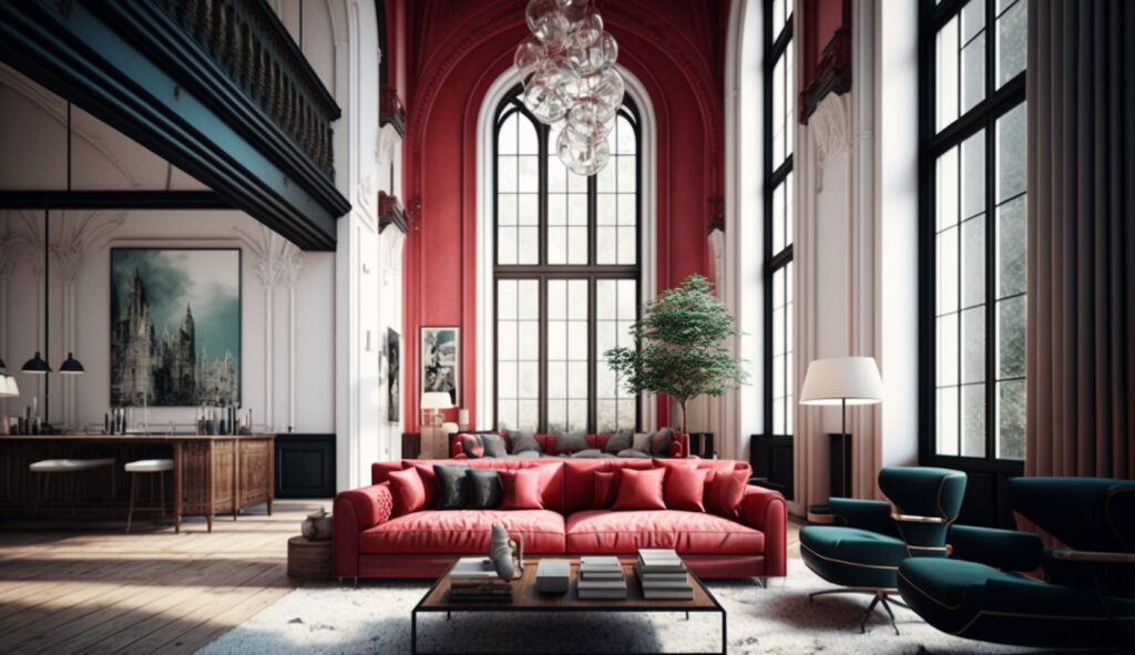 Living room with high ceilings and a red couch adding a dramatic touch 