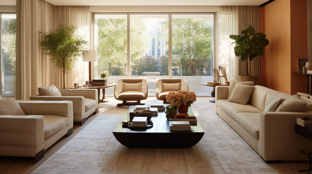Living room with multiple elegant end tables arranged harmoniously 