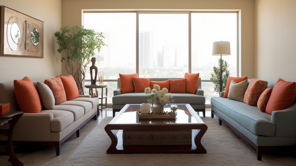 Living room with multiple elegant end tables arranged harmoniously 