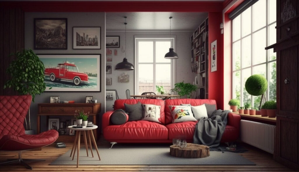 Living room with red couch stimulating warmth and excitement