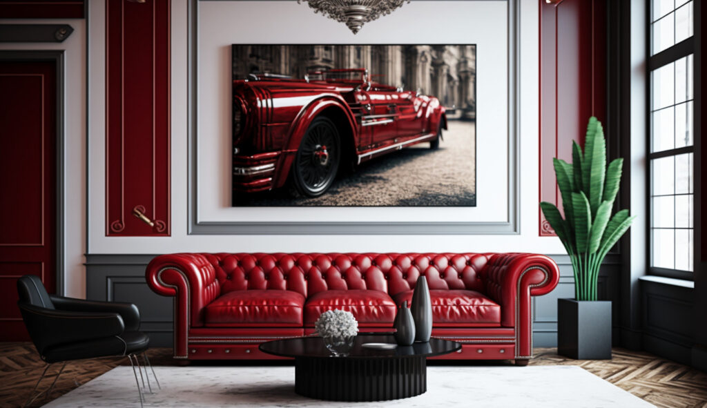 Luxurious leather red couch in a living room