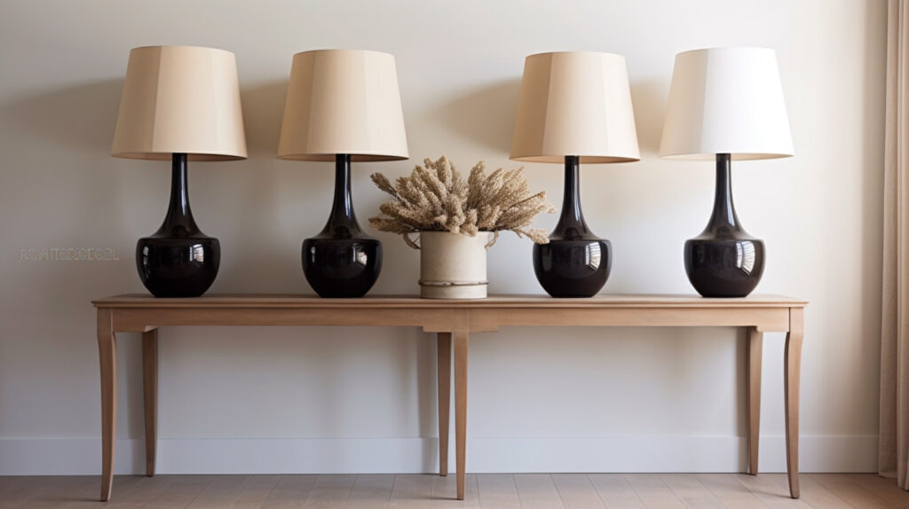 Đèn bàn phù hợp trên một bàn gương tạo sự cân đối và đối xứng trong một phòng khách rộng rãi