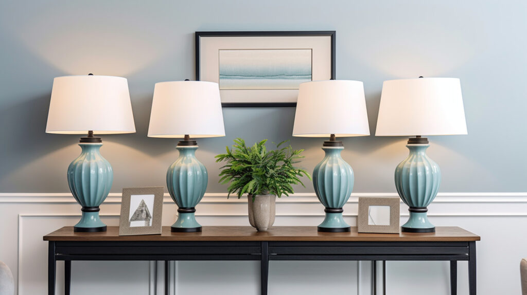 Đèn bàn phù hợp trên một bàn gương tạo sự cân đối và đối xứng trong một phòng khách rộng rãi