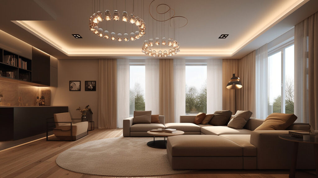 Moderna lampada a soffitto che illumina un soggiorno contemporaneo