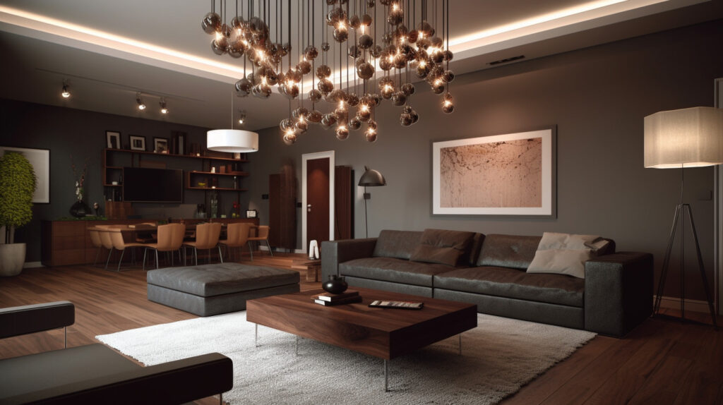 Moderna lampada a soffitto che illumina un soggiorno contemporaneo