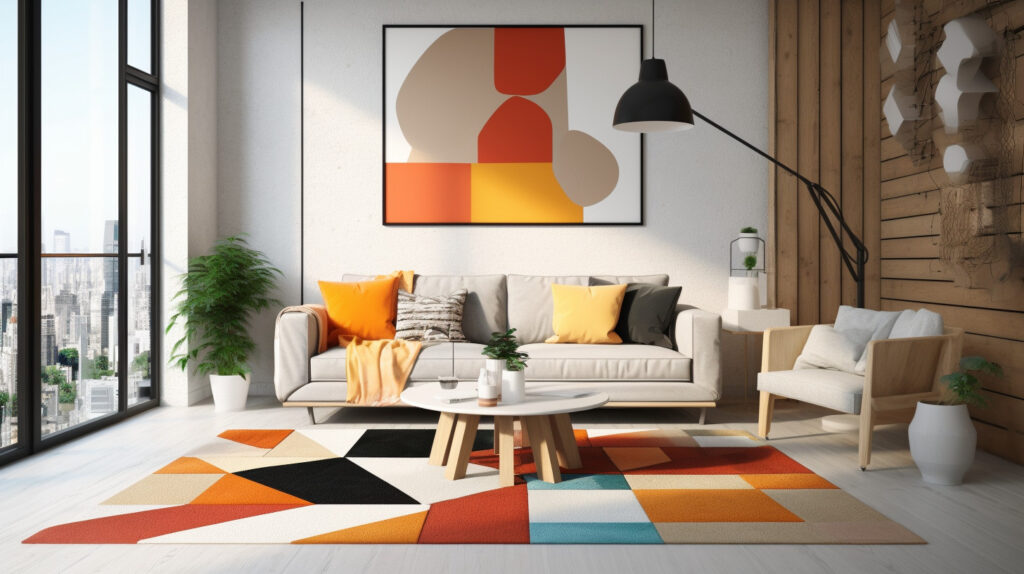 Modern geometric living room rug adding a contemporary touch to the space 
