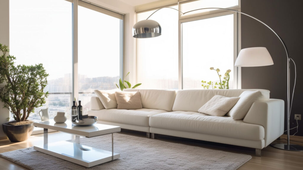 Modern living room featuring a sleek white couch 