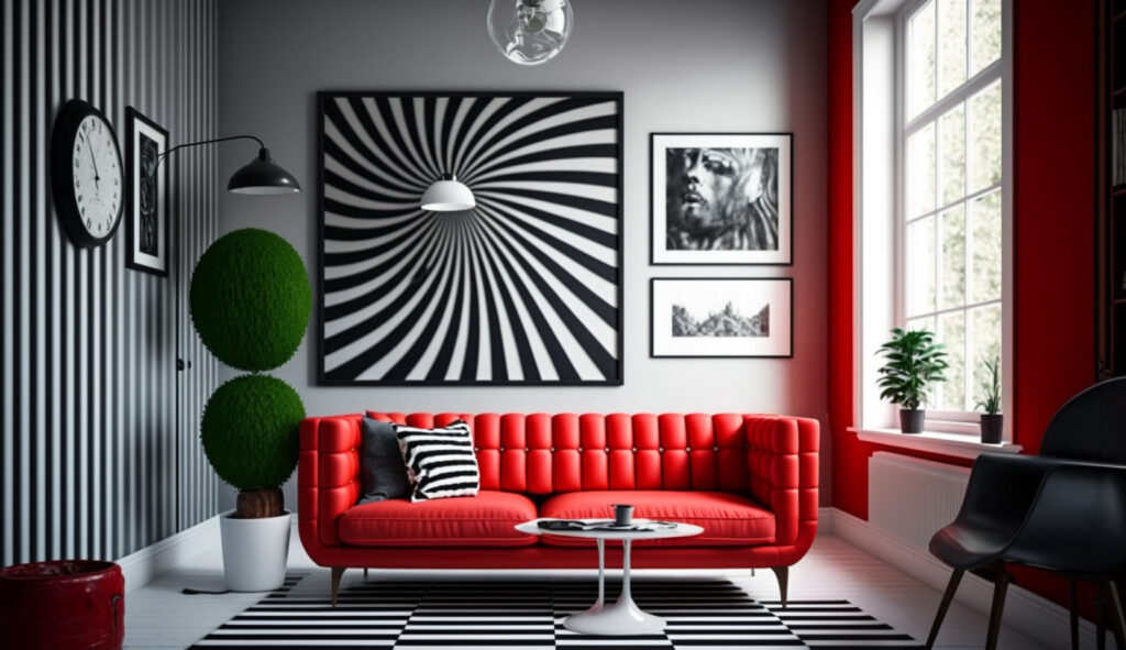 Modern monochrome living room with a red couch