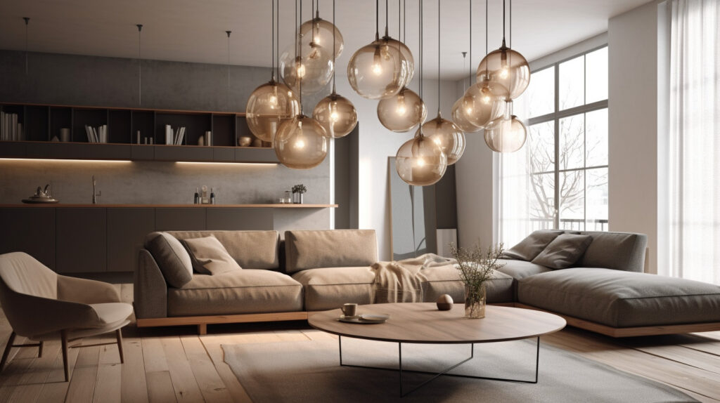 Lampade a sospensione moderne che pendono sopra un elegante ambiente soggiorno