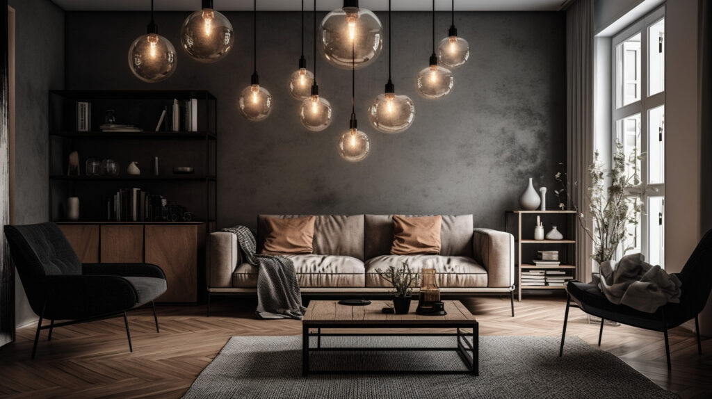 Modern pendant lamps hanging over a chic living room setting