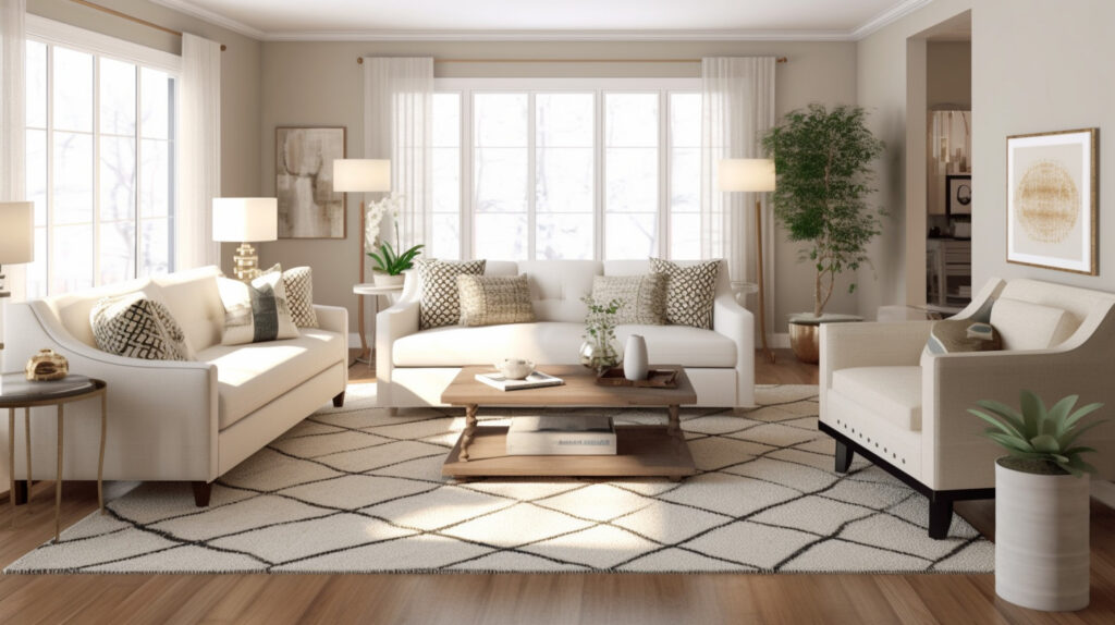 Nhiều thảm phòng khách xác định các khu vực khác nhau trong một phòng khách lớn