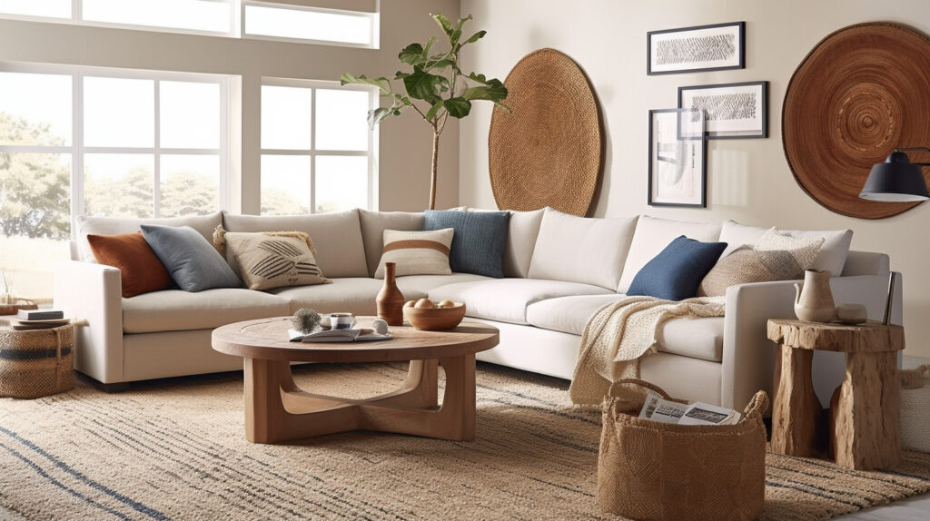 Thảm phòng khách từ sợi tự nhiên thêm sự ấm áp và chất liệu vào phòng