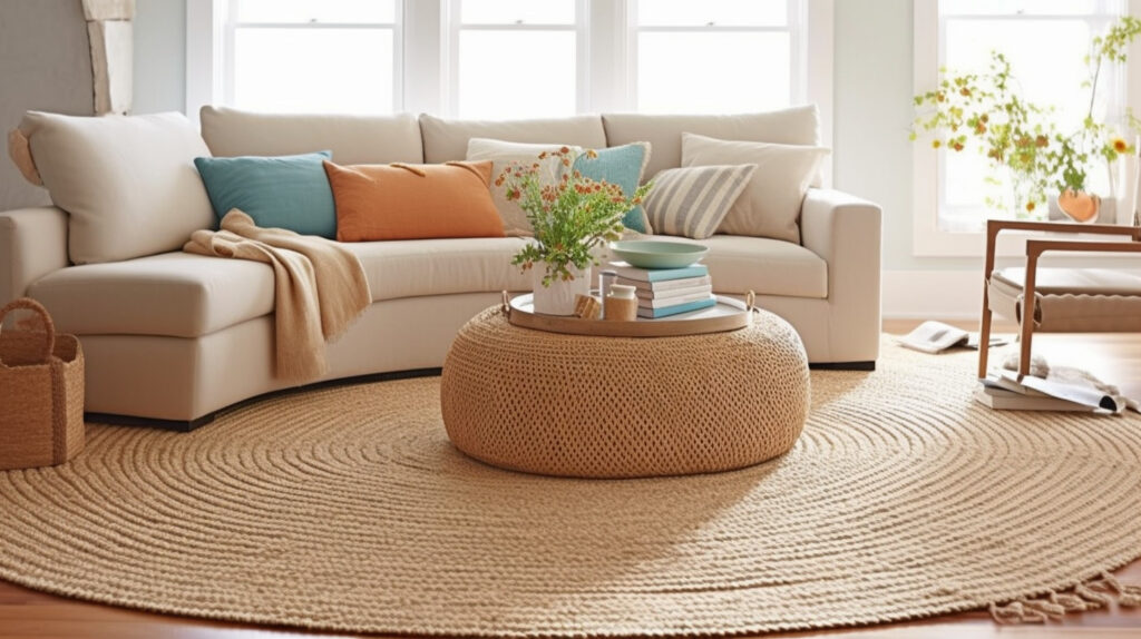 Thảm phòng khách từ sợi tự nhiên thêm sự ấm áp và chất liệu vào phòng