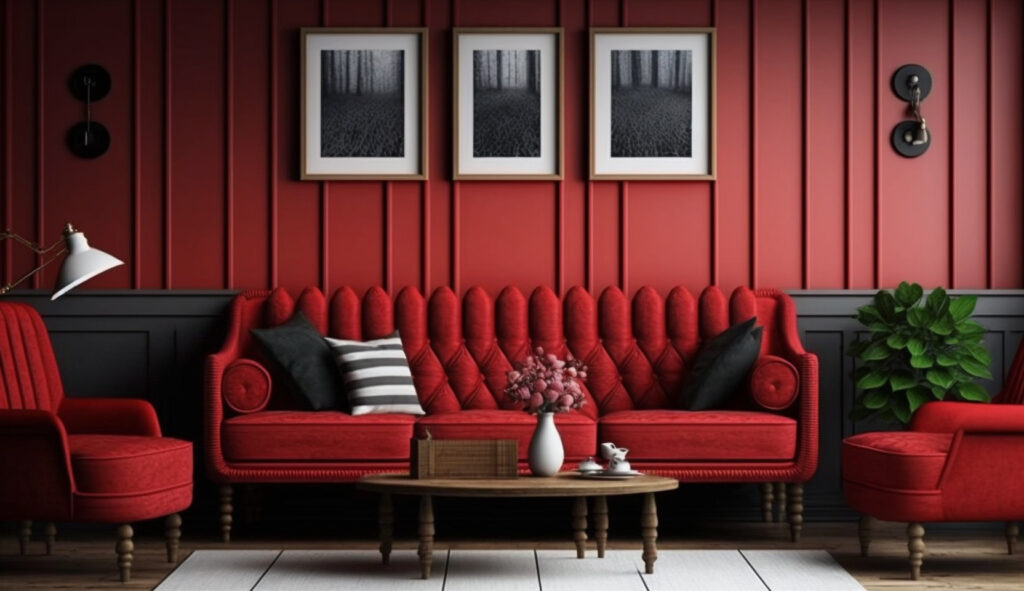 Patterned red couch adding a unique touch to a living room 