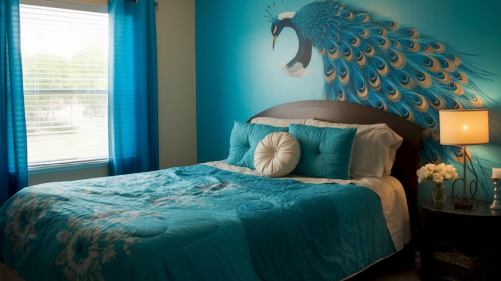 Peaceful bedroom enhanced with peacock decor