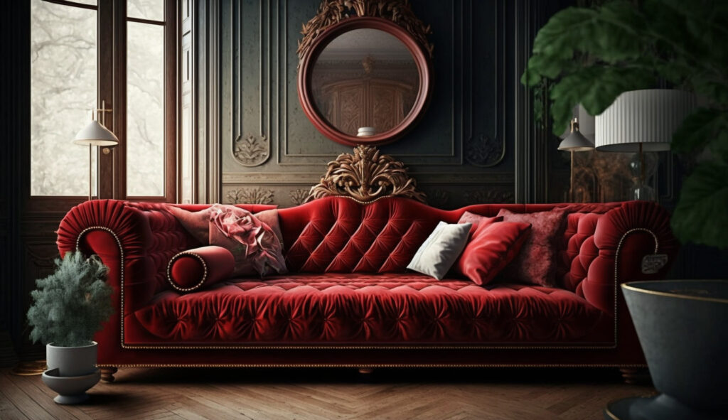 Plush velvet red couch in a cozy living room 