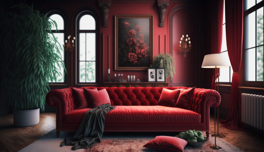 Divano rosso in velluto soffice in un salotto accogliente 