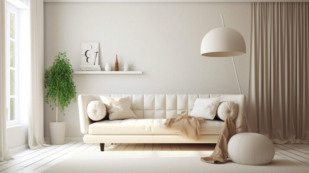 Stanza bianca pura con un divano avorio che crea profondità 