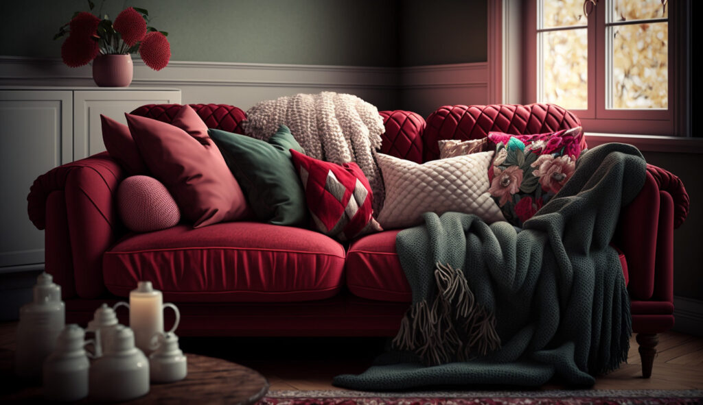 Divano rosso decorato con cuscini e coperte in un salotto