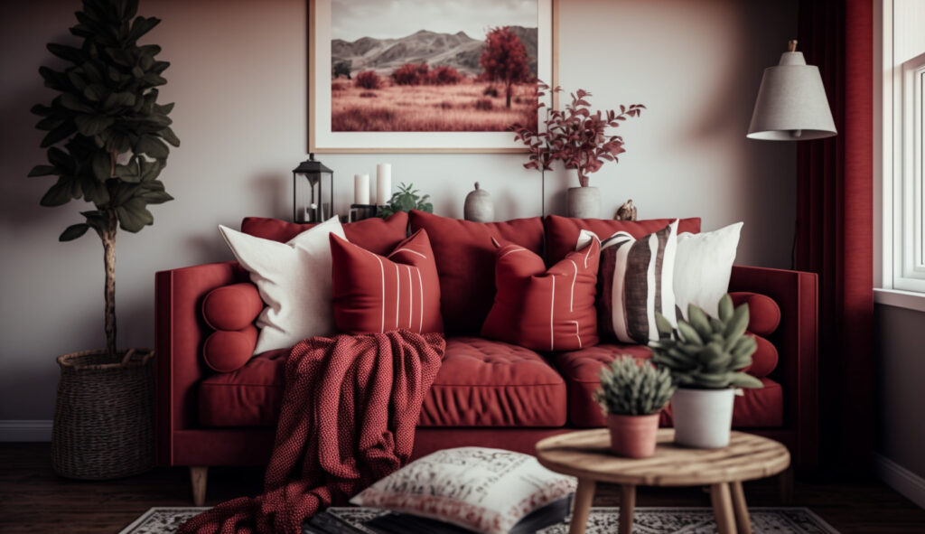 Red couch adorned with throw pillows and blankets in a living room 