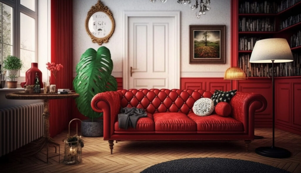 Red couch as the centerpiece of a living room