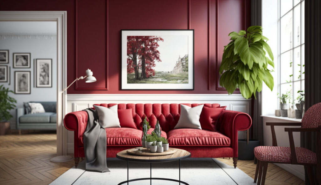 Red couch in a living room contrasting with neutral colors 